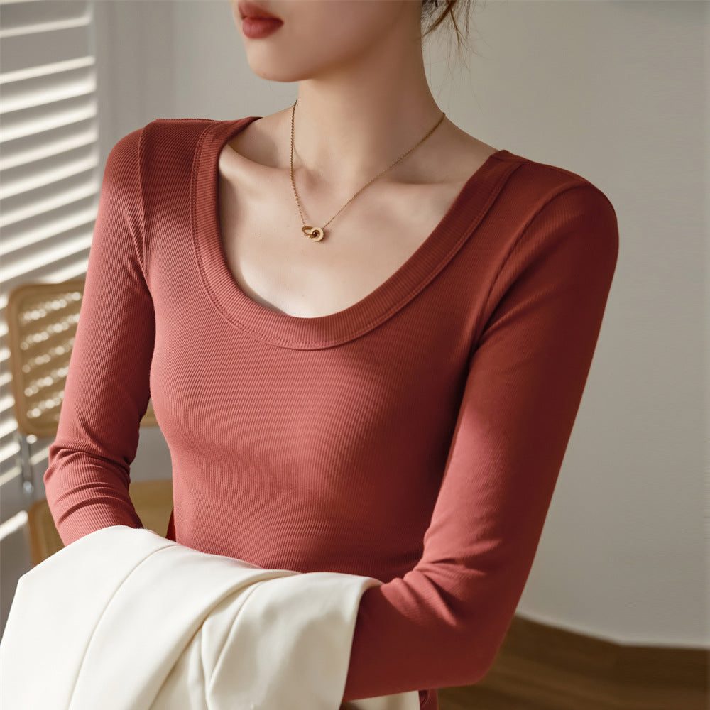 Fearless Goods Biyou cotton threaded u-neck long-sleeved T-shirt women's 2026 autumn and winter new slim-fitting and thin top bottoming shirt Korea