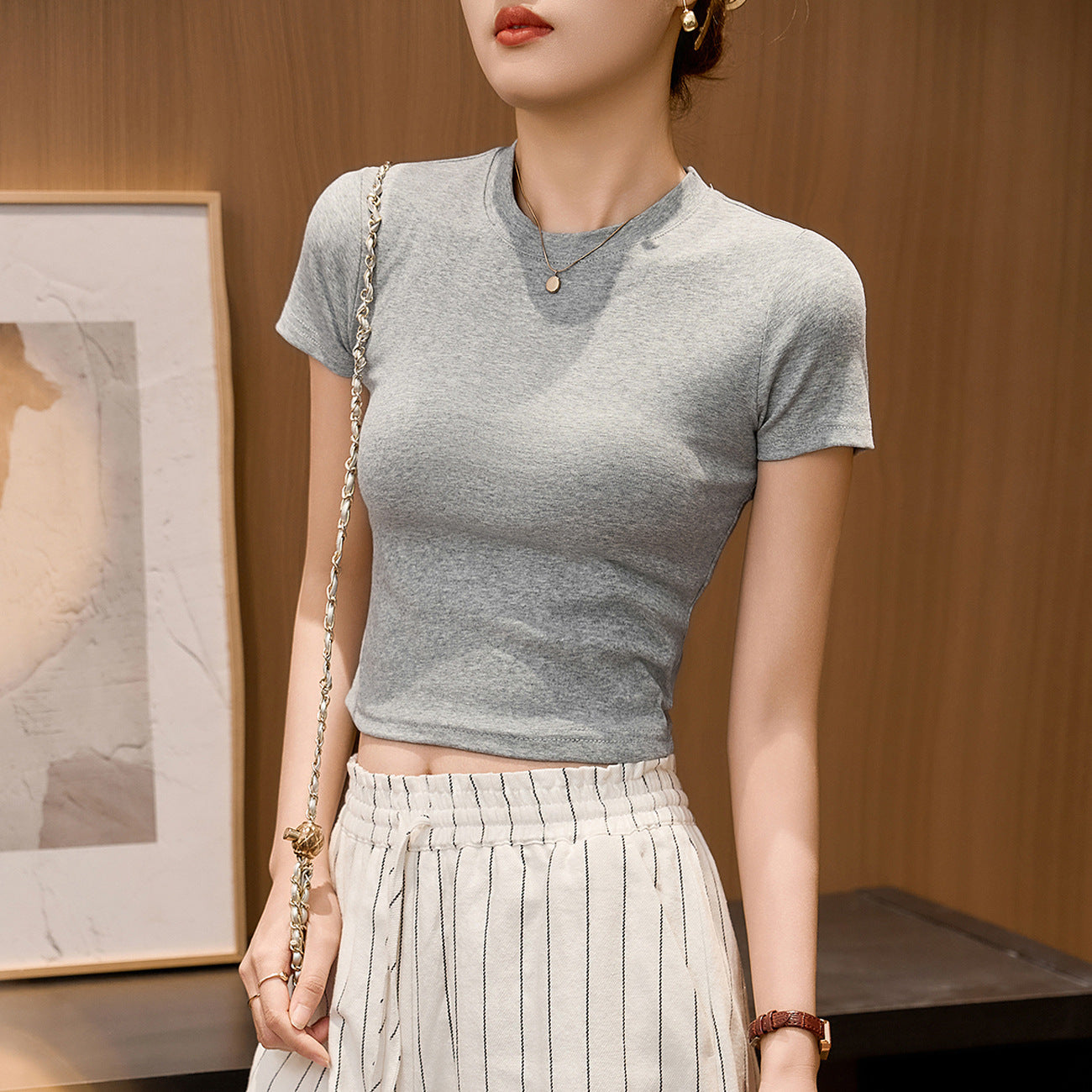 #Combed pure cotton #High waist short T-shirt women's summer 2026 new slim and thin small versatile short-sleeved top