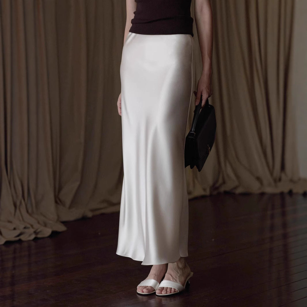 Japan imported triacetic acid satin water ripple satin 45 degree oblique cut solid color long fishtail a word skirt women