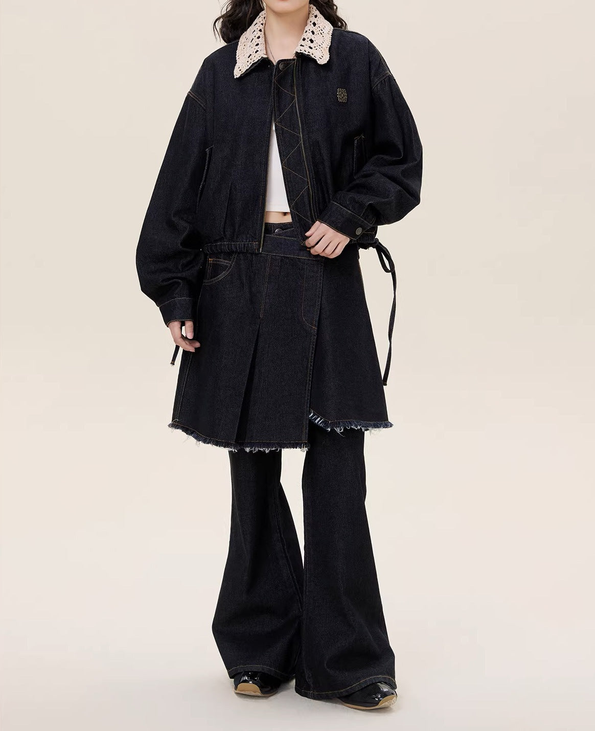 Bud hem detachable knitted collar denim jacket romantic lace daughter wind 25 autumn