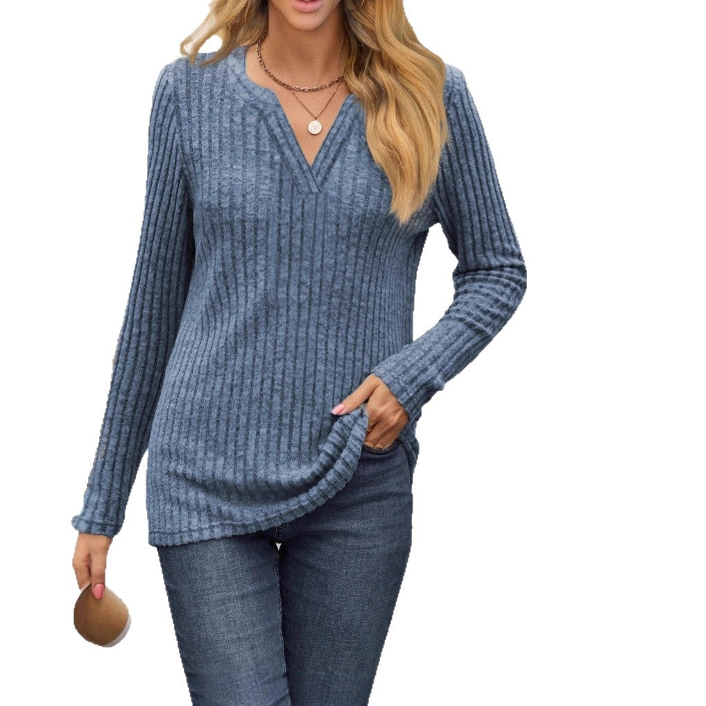 Amazon 2025 European and American cross-border foreign trade autumn and winter new solid color V-neck loose casual long-sleeved T-shirt top women