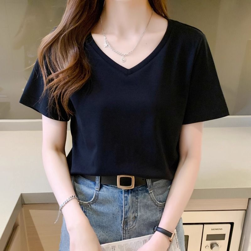 White cotton T-shirt women's short sleeve loose Korean version student large size fashion simple round neck versatile half sleeve base summer