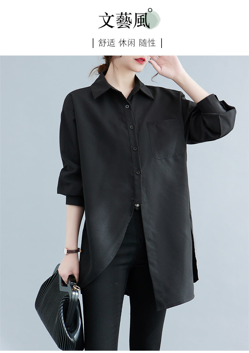 Spring 2025 new loose long-sleeved shirt women's medium and long asymmetrical shirt black top