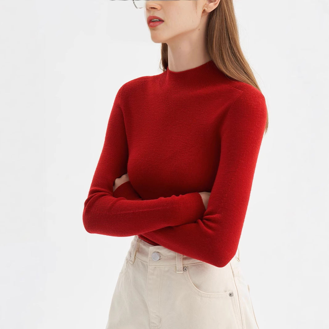 SHALLOW STREAMS Seamless all-in-one red wool sweater, semi-turtleneck sweater women's autumn and winter bottoming shirt top