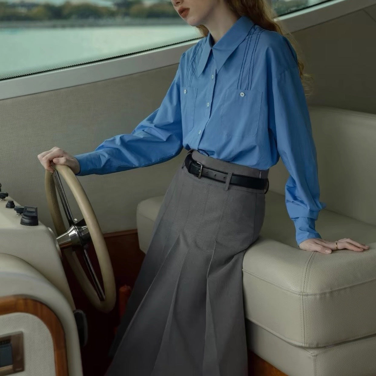 LANO middle waist wears pleated skirts on both sides, retro college temperament A-shaped skirt, skirt, medium and long skirt, spring and summer