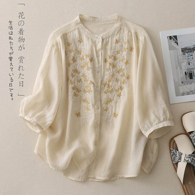 Real shot 2025 summer new cotton and linen ethnic style embroidered shirt single-breasted cardigan top women