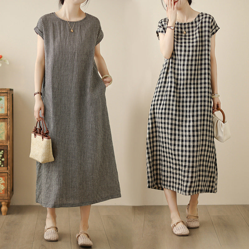 In the summer of 2025, the new cotton and linen plaid literary and loose casual medium and long dresses women's clothing
