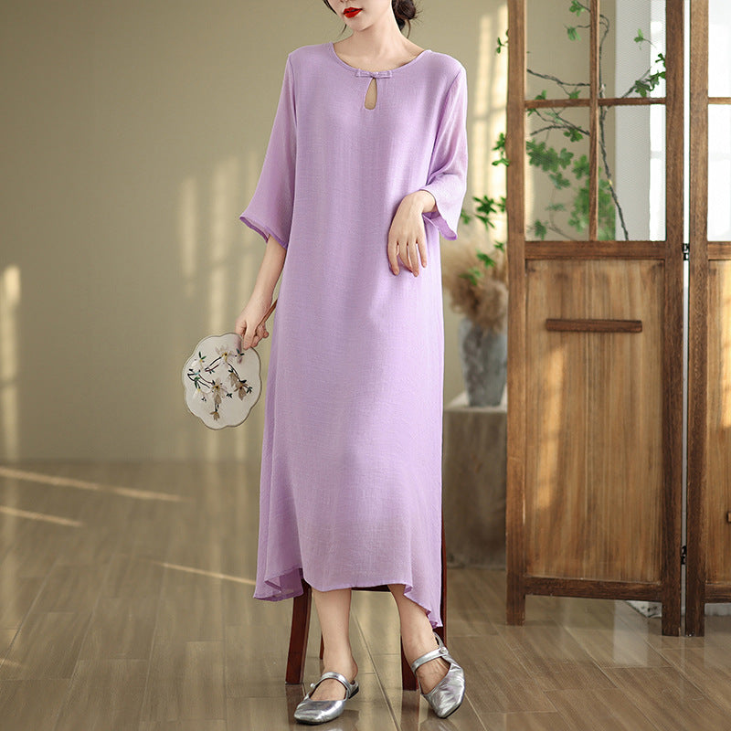 2025 summer loose large size seven-quarter sleeve round neck medium and long solid color dress simple A-shaped dress women