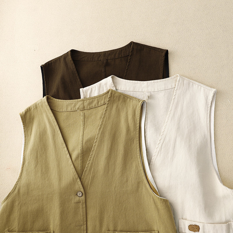 Real shot 2025 autumn new literary twill cotton vest vest sleeveless vest wear short vest women