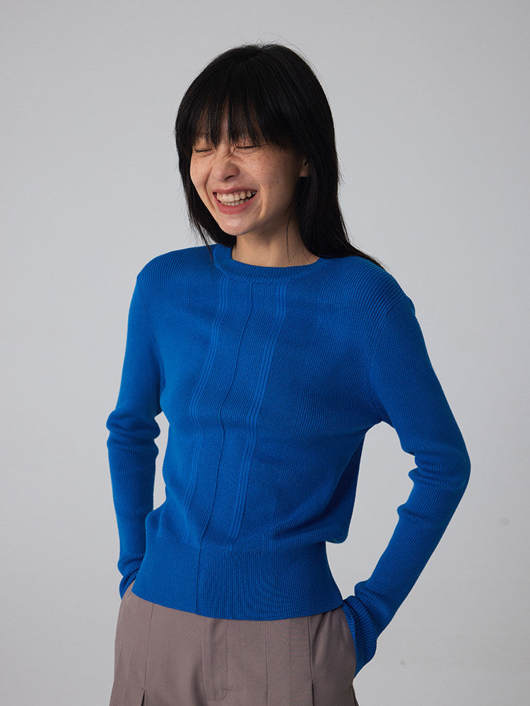 IN JOMI blue sweater crew neck new temperament waist slimming versatile ribbed knitted long sleeve design