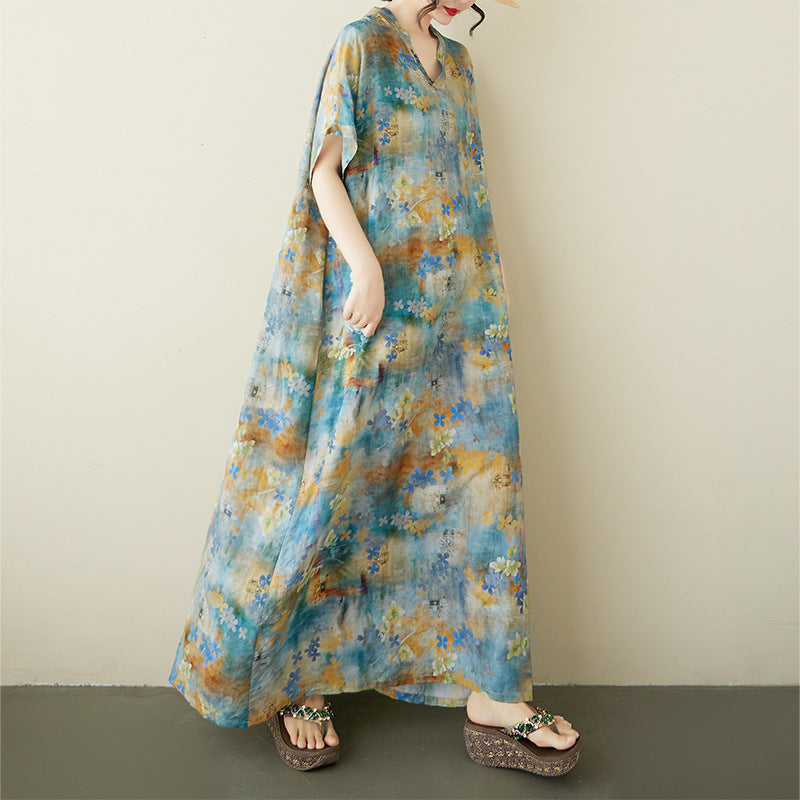 Summer 2025 New Large Size Literary Loose Bohemian Casual V-Neck Short Sleeve Dress Women's Clothing