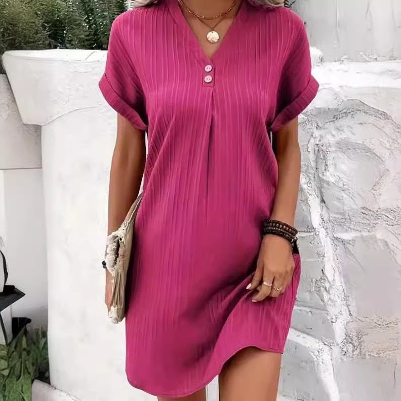 Cross-border European and American women's clothing 2025 new Amazon V-neck solid color pullover comfortable and casual button dress