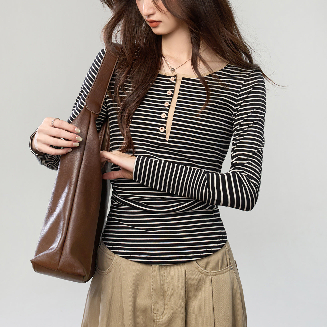 260G Tencel Lyocell, Design Sense Striped Bottom Shirt Women's Long Sleeve Pleated Waist Button Contrast T-Shirt Top