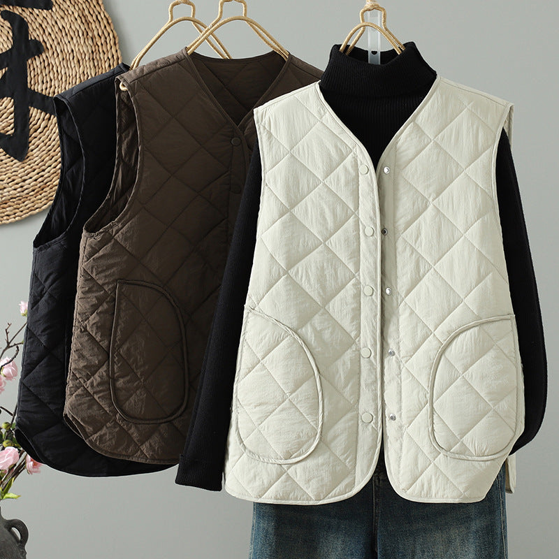 2025 autumn and winter new casual quilting line clip thin cotton hidden buckle side pocket vest women