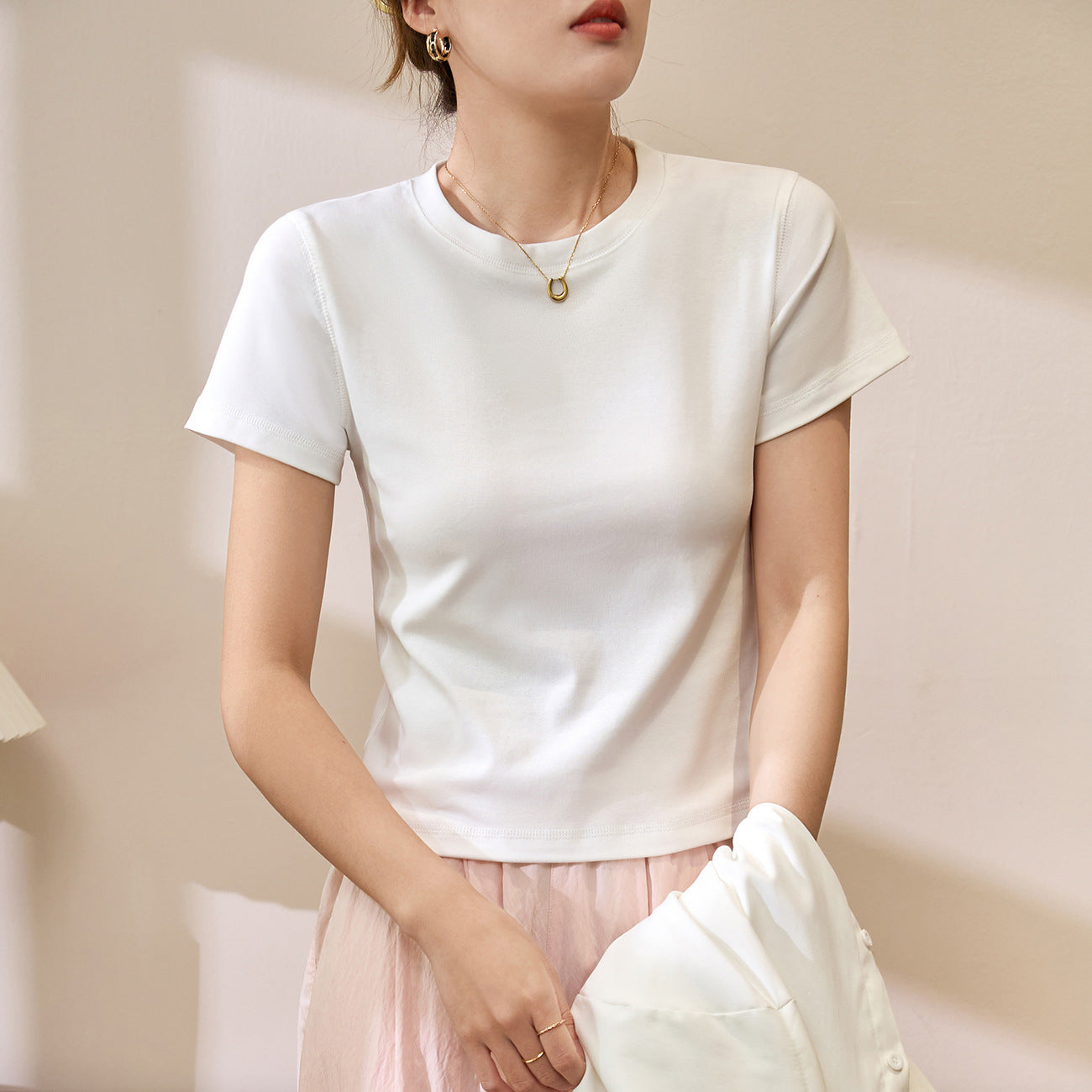 Flower needle thread 230g combed cotton T-shirt women's summer new short-sleeved foreign style round neck front shoulder casual versatile top