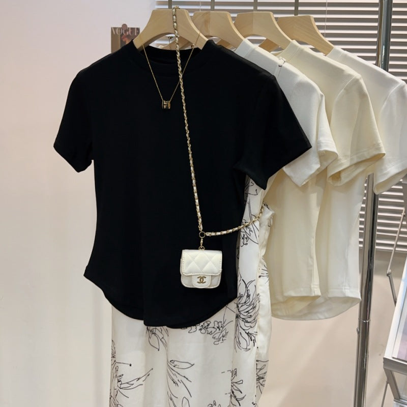 Irregular curved white ice silk short-sleeved t-shirt women's drape feeling slim and thin versatile thin semi-turtleneck top trendy