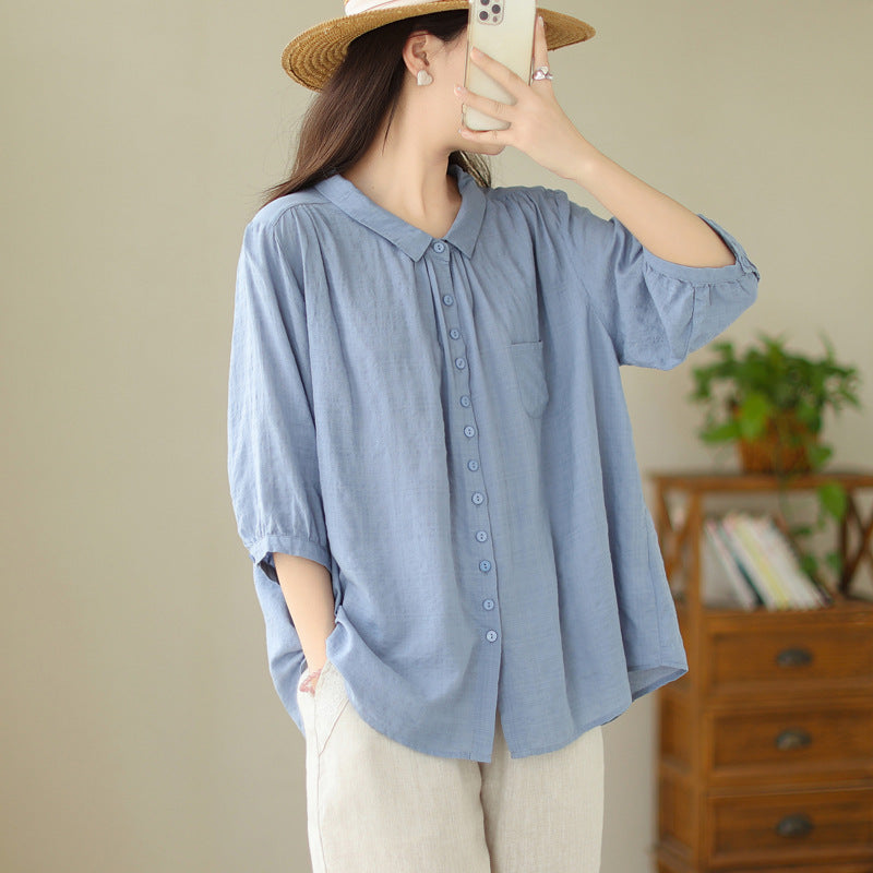 Real shot 2025 summer new large size solid color four-eye buckle retro literary loose and thin shirt top women