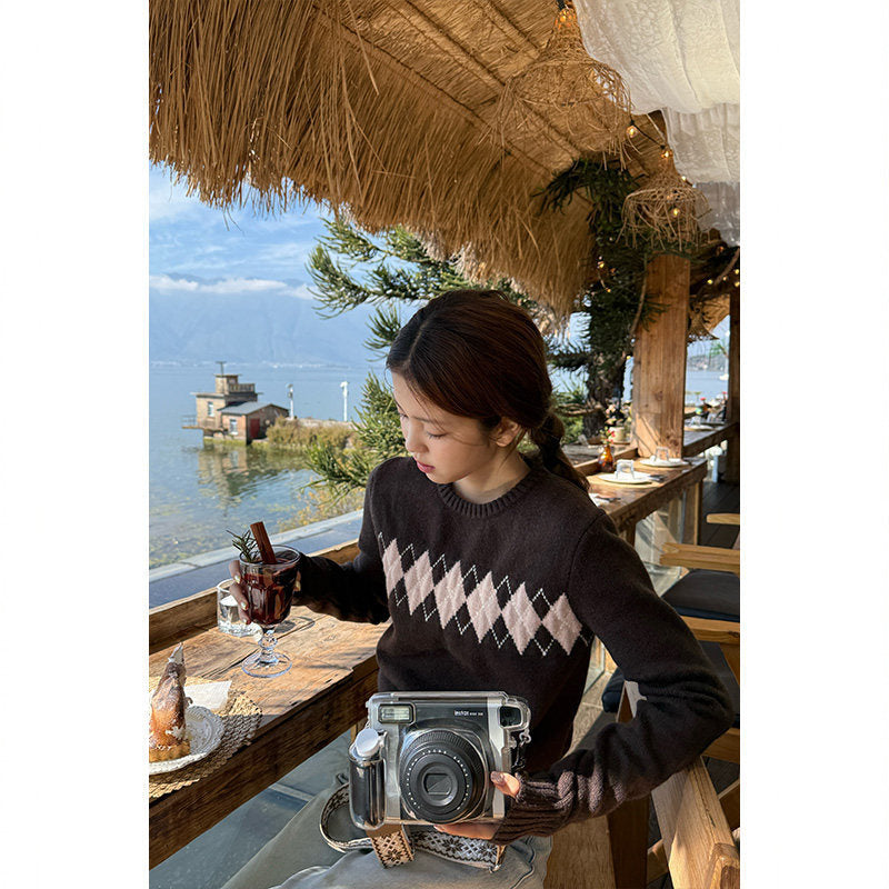 Tuuuh picture book, rhombus crew neck sweater women's autumn and winter new retro inner versatile knitted top