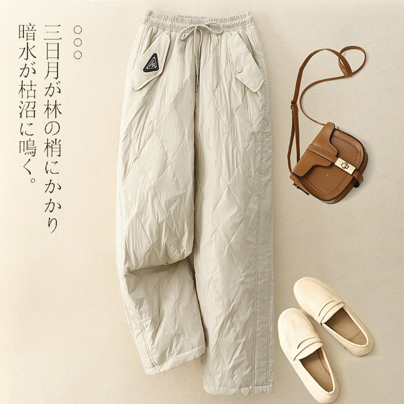 Real shot 2025 winter new rhombus grid literary loose straight casual warm cotton pants women's outer wear