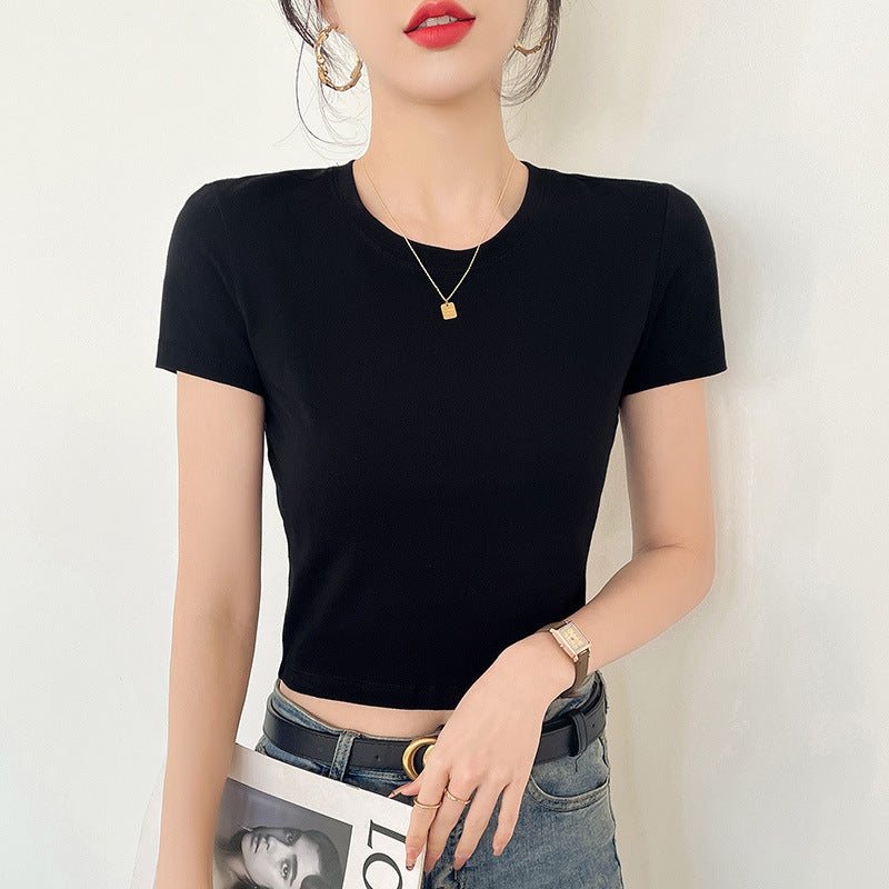 pure cotton white short T-shirt women's short-sleeved slim-fitting open-button bottoming shirt with summer outer top, pure cotton