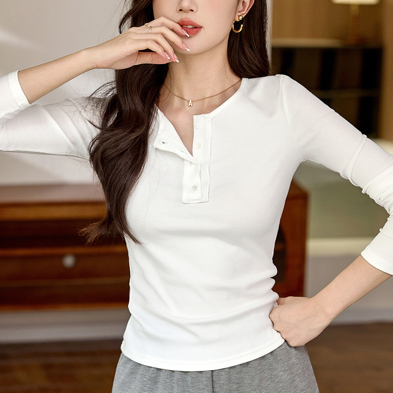 #Selection of high-quality products #Chic design button-up long-sleeved t-shirt women's 2026 autumn and winter new semi-open-necked pure cotton top