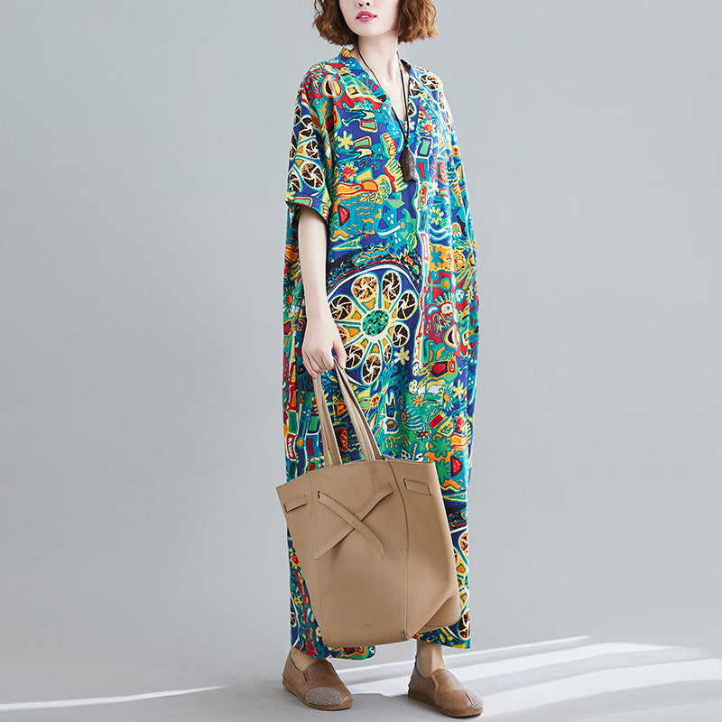 Real shot 2025 summer new literary large size loose cotton and linen printing V-neck short-sleeved dress women's clothing 1820 #