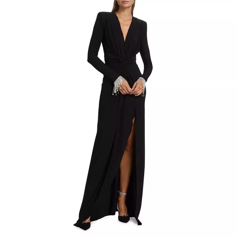 Amazon cross-border women's clothing new sexy deep V kink high split long-sleeved dress, pull pleated hip-wrapped long dress women