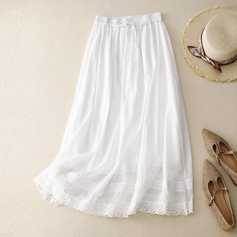Real shot 2025 summer new literary loose splicing lace elastic waist skirt women's medium and long #791