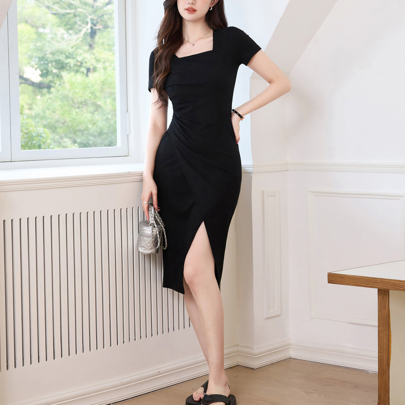 [High quality] French square neck slit dress women's summer 2026 new irregular pleated temperament dress