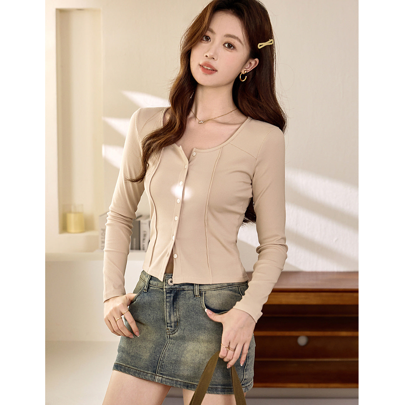 #Quality to make high-quality #shell button high-waisted short T-shirt Spice Girl Navel Sexy Long Sleeve Temperament Pure Cotton Top