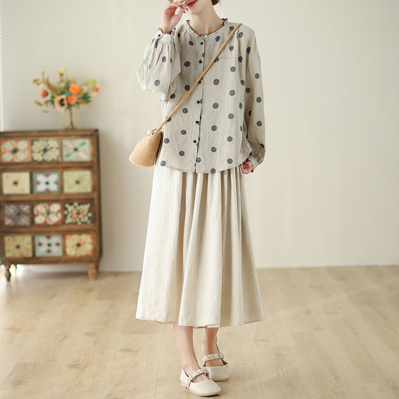 Real shot 2024 autumn new retro national style polka dot cotton and linen long-sleeved fungus collar shirt top women #9076