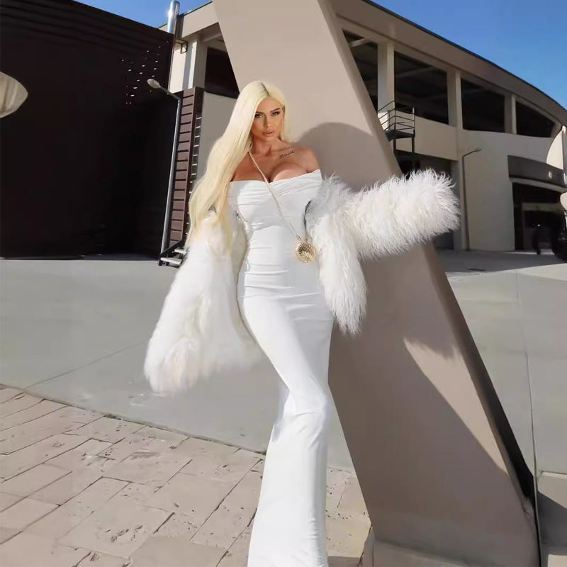 Cross-border white short sleeves, long sleeves, off-the-shoulder bandeau suppression pleated dresses, long skirts, European and American dresses, elegant and slim