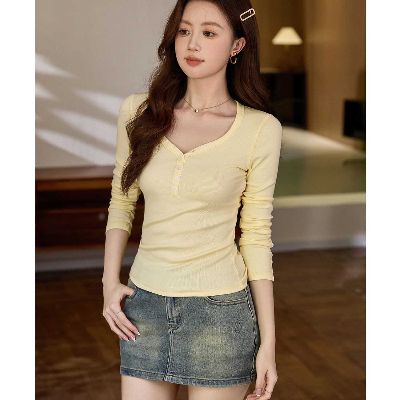 #Ingenuity screening products #American button-down v-neck long-sleeved T-shirt women's pure cotton 2026 autumn new front shoulder top bottoming shirt