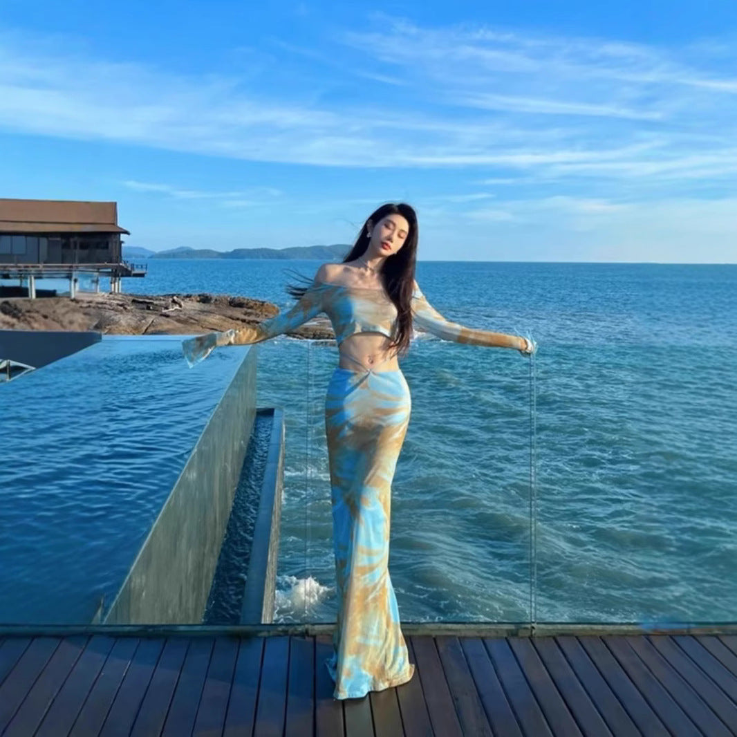 Retro foreign style oil painting tie-dye long-sleeved slim-fitting one-word shoulder fashion summer high-waisted skirt long dress hip-wrap suit