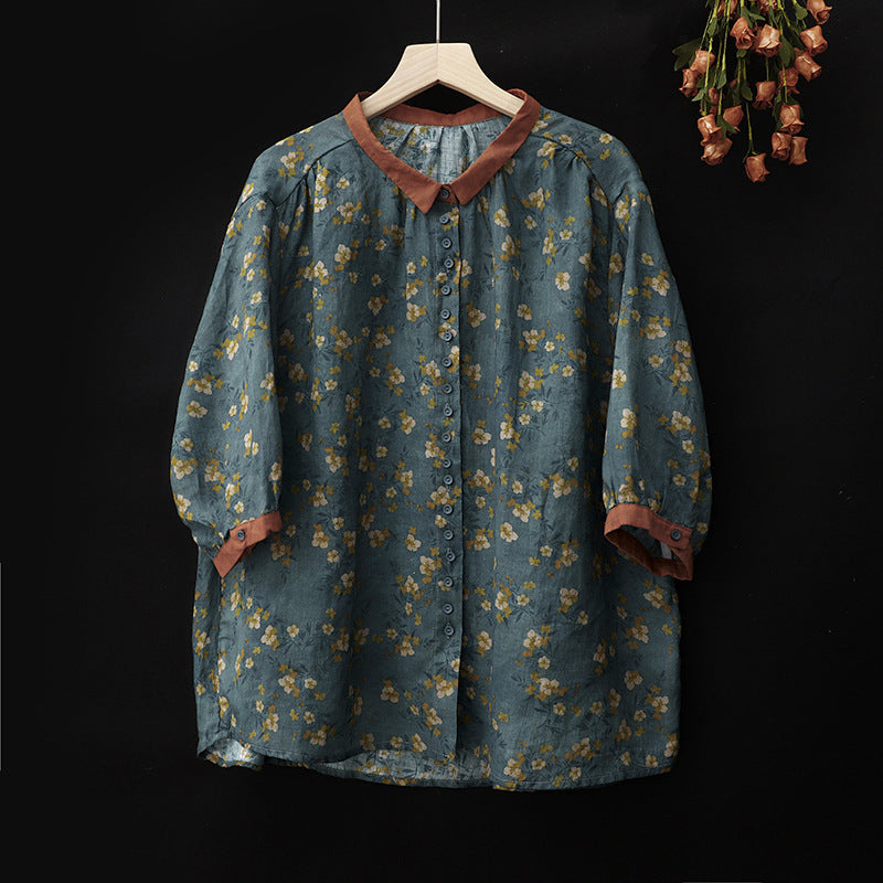 Real shot 2025 summer new cotton and linen Korean version large size printed retro top + pants two-piece suit women