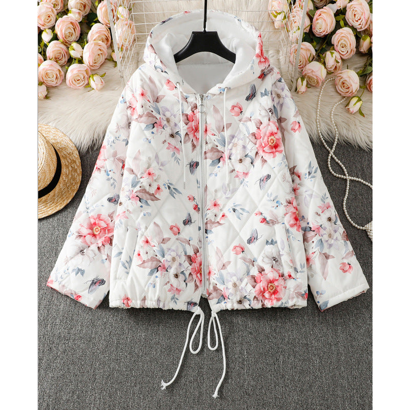 Real shot 2025 winter new hooded cotton clothes women's printing design white coat warm women's clothing