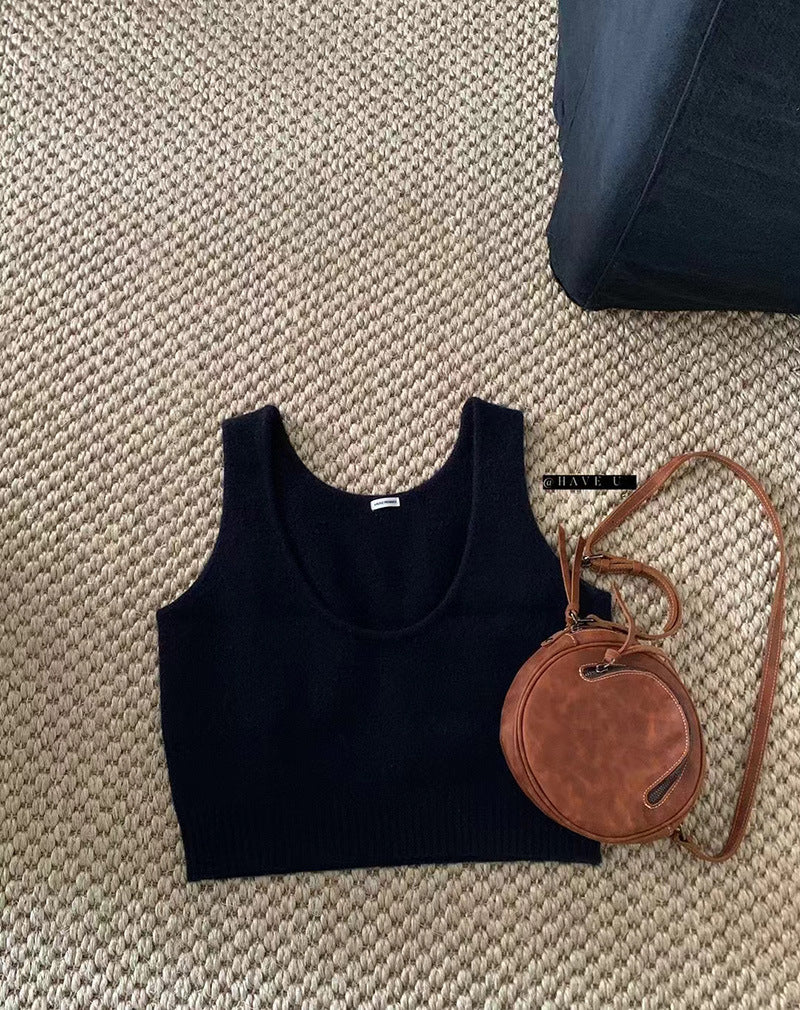 HAVE U wool knitted vest u neck elastic short small Korean ins wind wide shoulder strap stacked vest women
