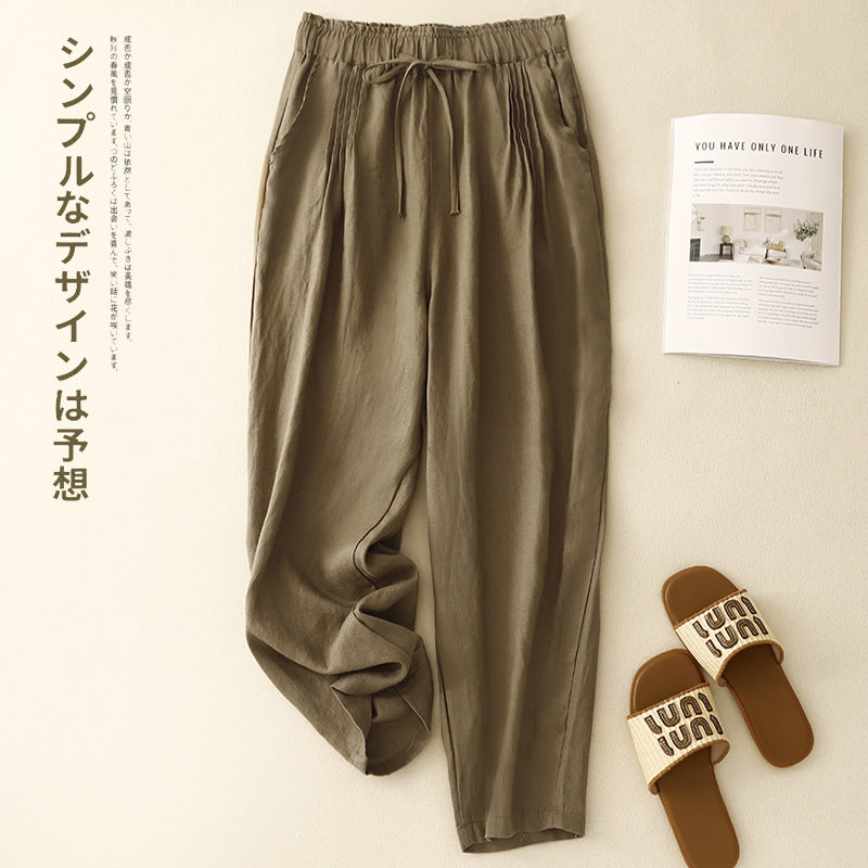 Real shot 2025 spring new casual loose solid color cotton and linen elastic waist Harlan pants women's nine-point pants #9037