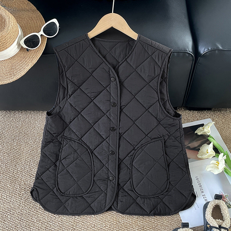 2025 autumn and winter new literary and retro rhombus cotton hemming snap button cotton vest