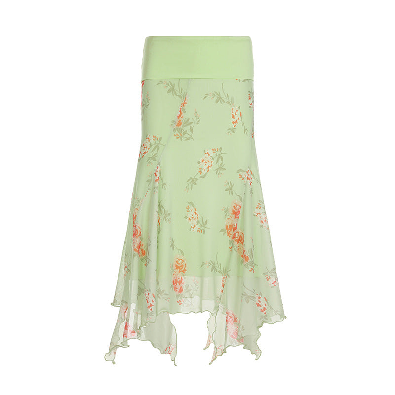 Love cloth forget to be careful, Spice Girl wind floral ruffle edge irregular long skirt, holiday wind light mesh skirt