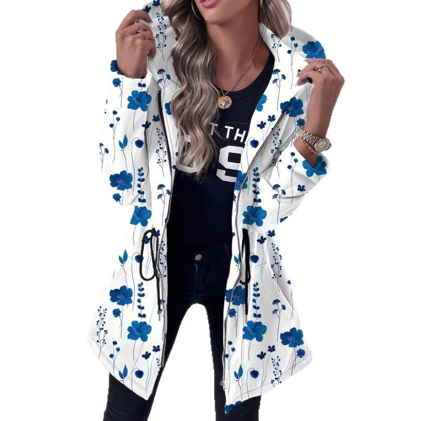 2025 European and American cross-border women's clothing medium and long zipper sweater printed hooded long-sleeved jacket Japan and Korea leisure
