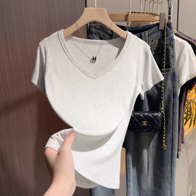 Grey v-neck t-shirt women's short-sleeved front shoulder thin summer high-end bottoming shirt slim-fitting temperament Korean outerwear top