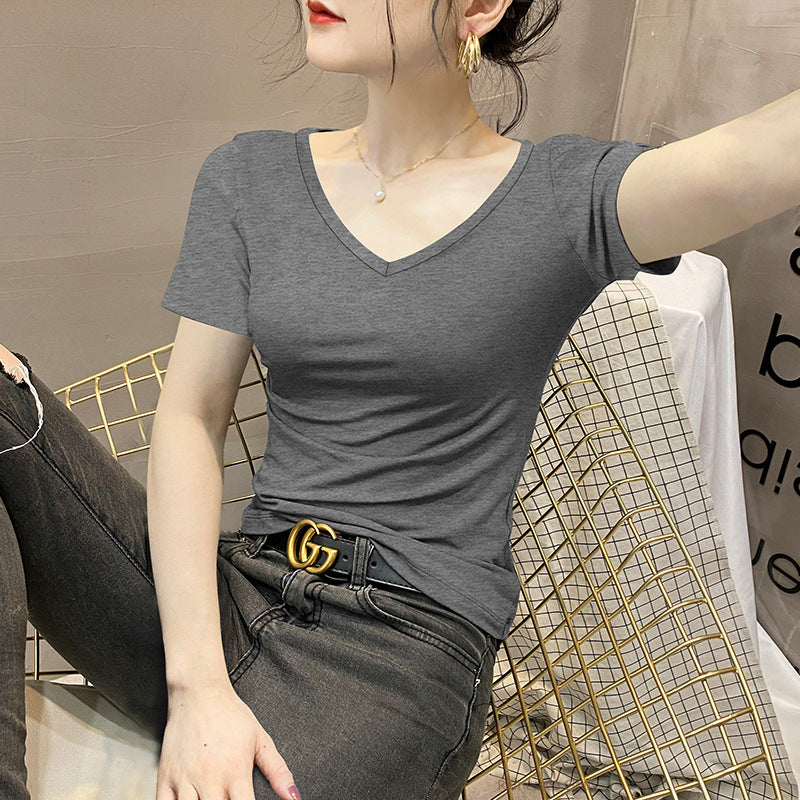 Dark gray short-sleeved t-shirt women's summer slim and thin V-neck top, thin sexy chicken heart collar half-sleeved foreign style t-shirt