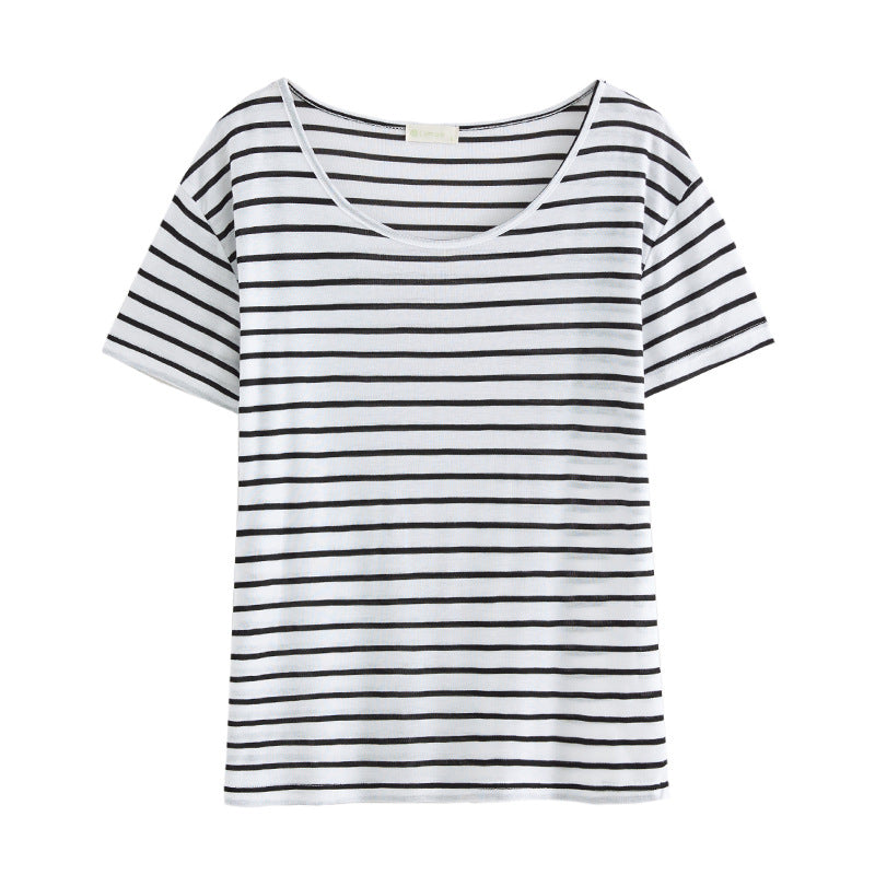 #Tencel wool, nude fried thin, skin-friendly and ice-cool #loose T-shirt women's summer short-sleeved black and white striped top to wear
