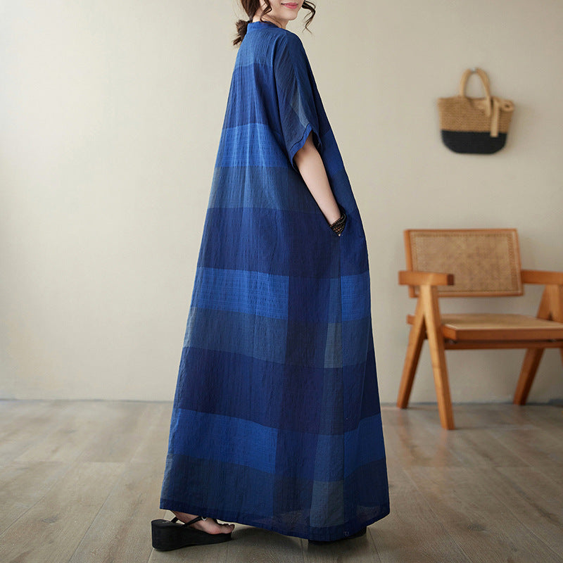 Real shot 2024 summer new V-neck cotton and linen large size loose literary holiday style medium and long beach dress women