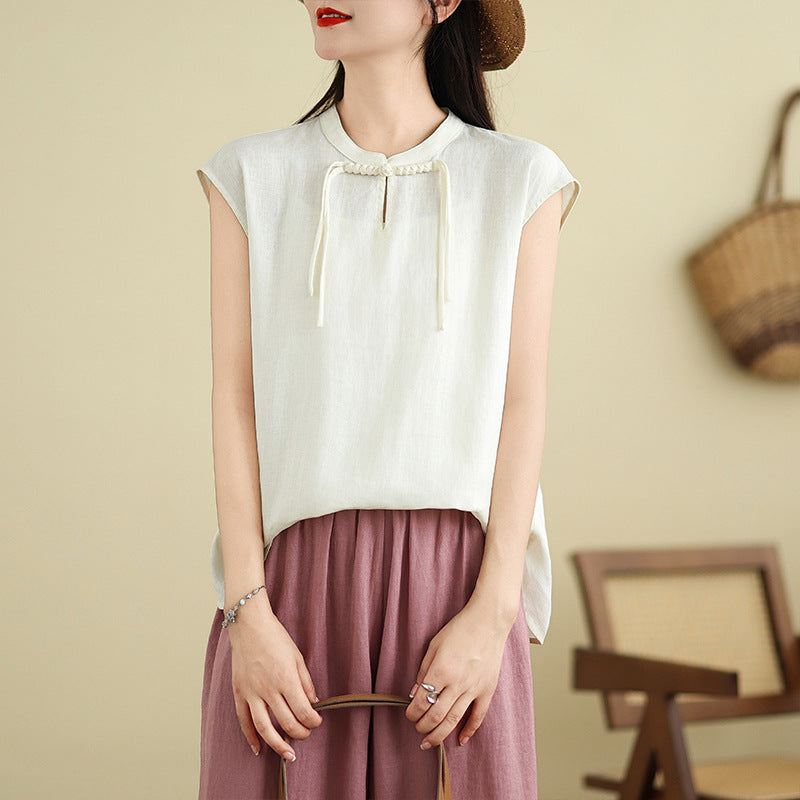 Real shot 2025 summer new literary loose solid color stand-up collar buckle pullover short-sleeved T-shirt women's top #759