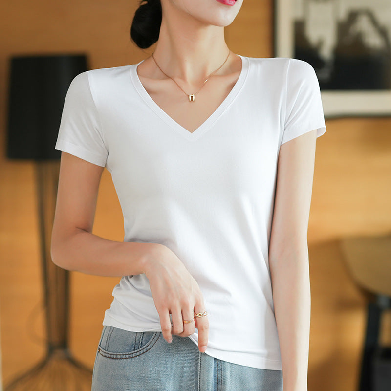 Grey V-neck short-sleeved t-shirt slim short summer half-sleeved top chicken heart neck t-shirt ins solid color