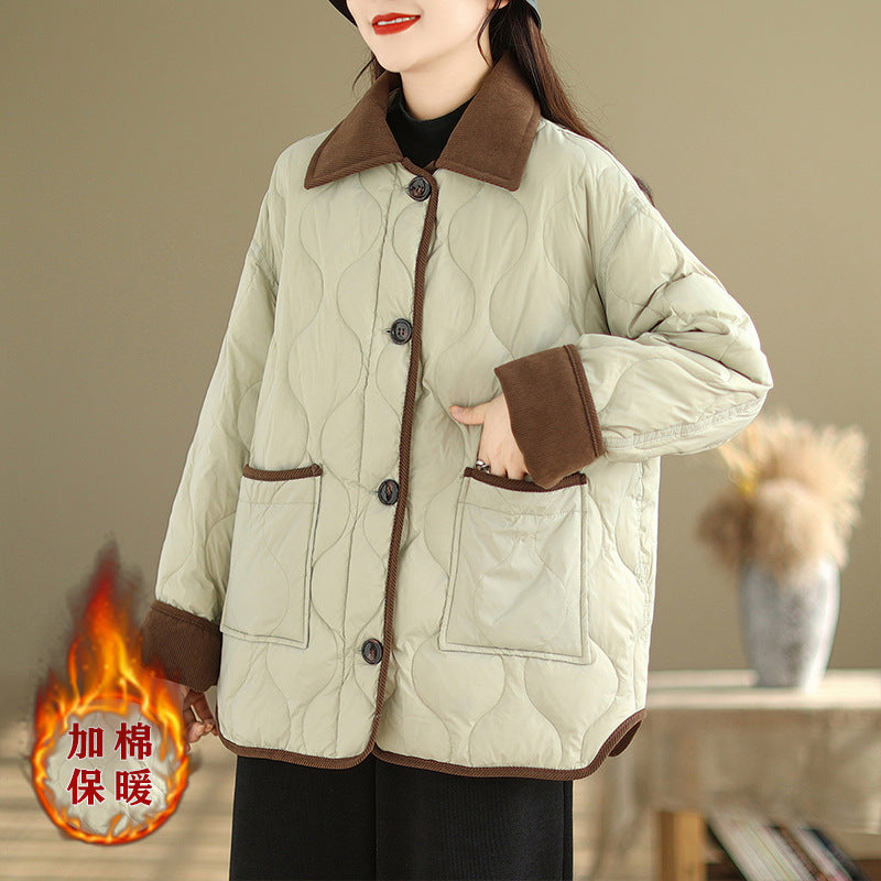 Real shot 2025 autumn and winter new light and short contrasting color lapel rhombus padded jacket women's cotton-padded clothes #1026