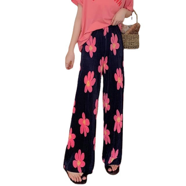 Korean version of women's clothing colored flower printing wide-leg pants high waist drape and thin straight pleated casual pants mosquito-proof wholesale