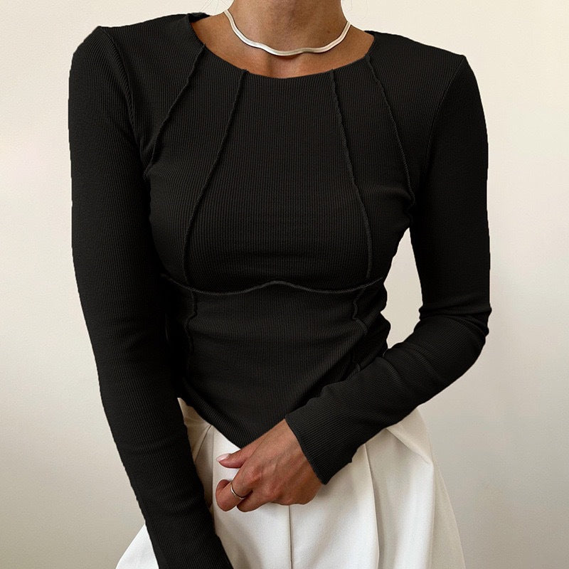 2025Shein European and American new spring and autumn cross-border foreign trade sweet and spicy solid color split chest long-sleeved crew neck T-shirt short